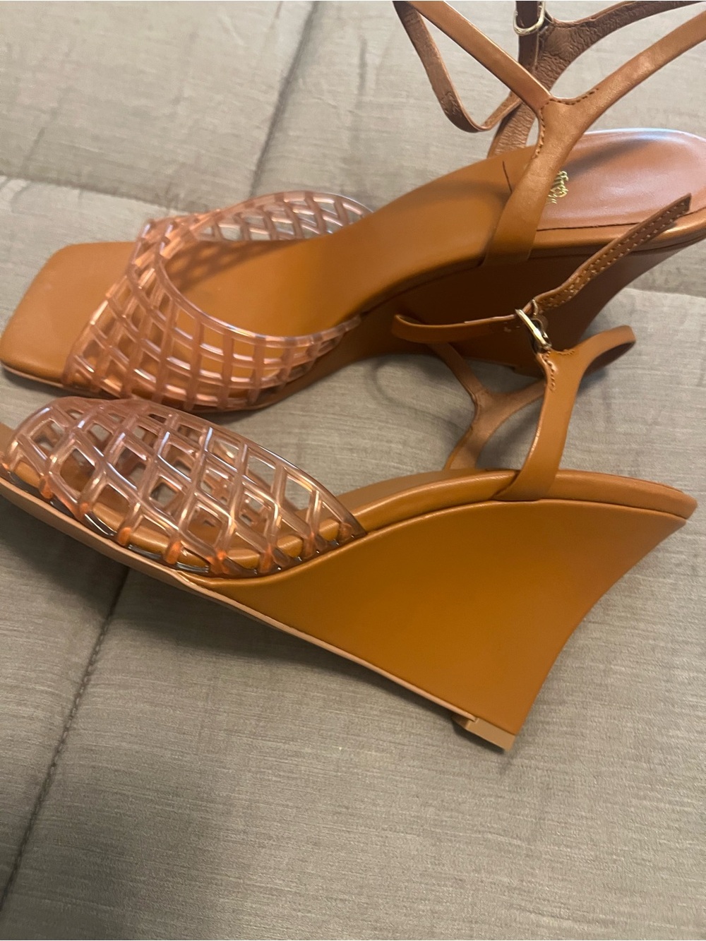 Jeffrey Campbell Tan/Clear Lattice Wedge Sandals